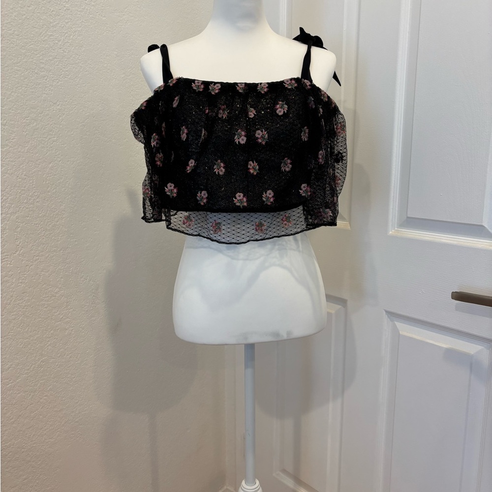 SALONI Black Ruffled Crop Blouse